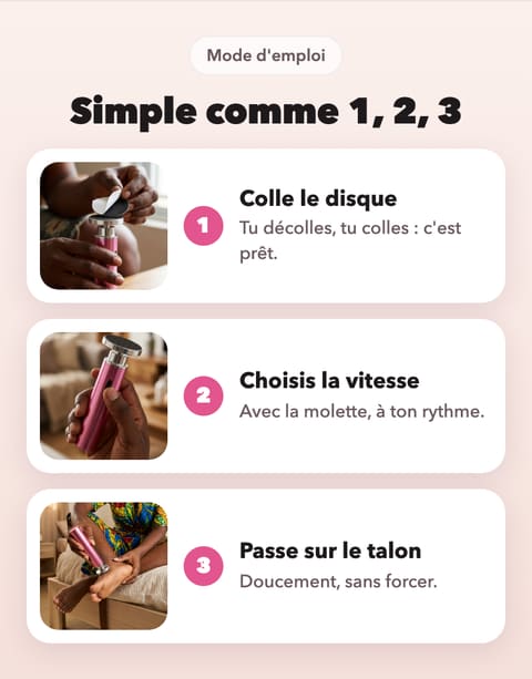 Simple comme 1, 2, 3 : colle le disque, choisis la vitesse, passe doucement sur le talon.